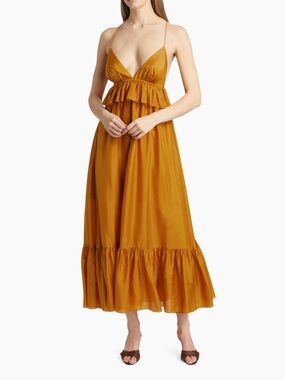 Zimmerman Rhiannon Spaghetti Strap Ruffle Midi Dress - gold